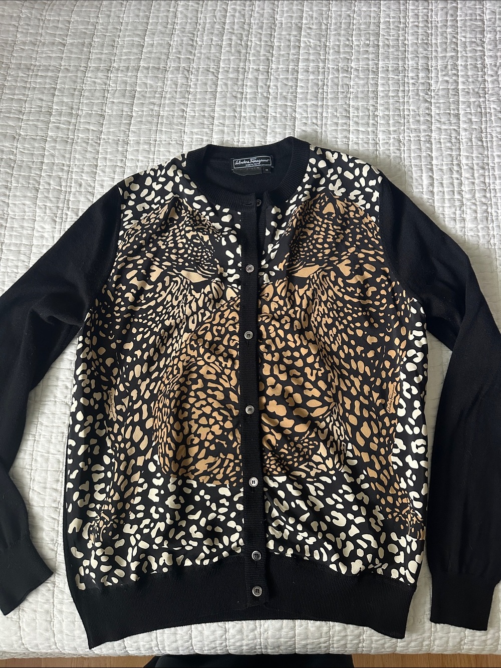 Salvatore Ferragamo Black, Tan & Cream Animal-Print Cardigan